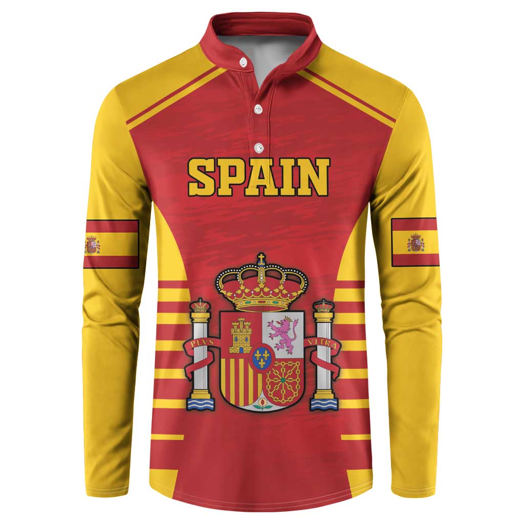 Red and yellow Spain-themed button sweatshirt with collar, "SPAIN" text, and crest