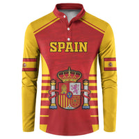 Red and yellow Spain-themed button sweatshirt with collar, "SPAIN" text, and crest