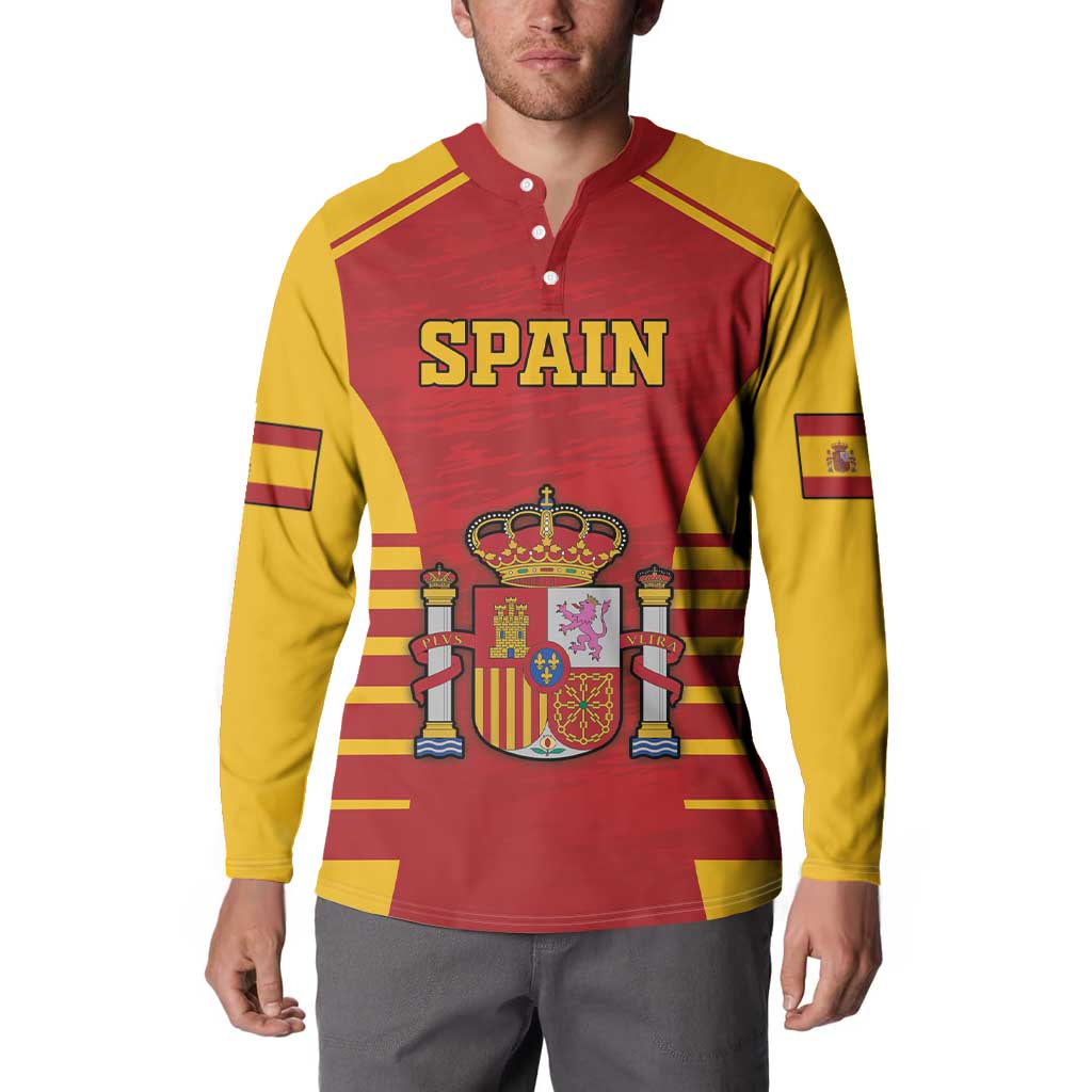 Red and yellow Spain crest button sweatshirt with collar, worn by a model