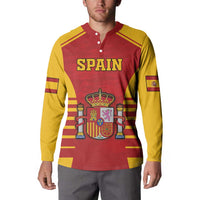 Red and yellow Spain crest button sweatshirt with collar, worn by a model