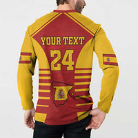Back view of red and yellow button sweatshirt with "YOUR TEXT" and number 24