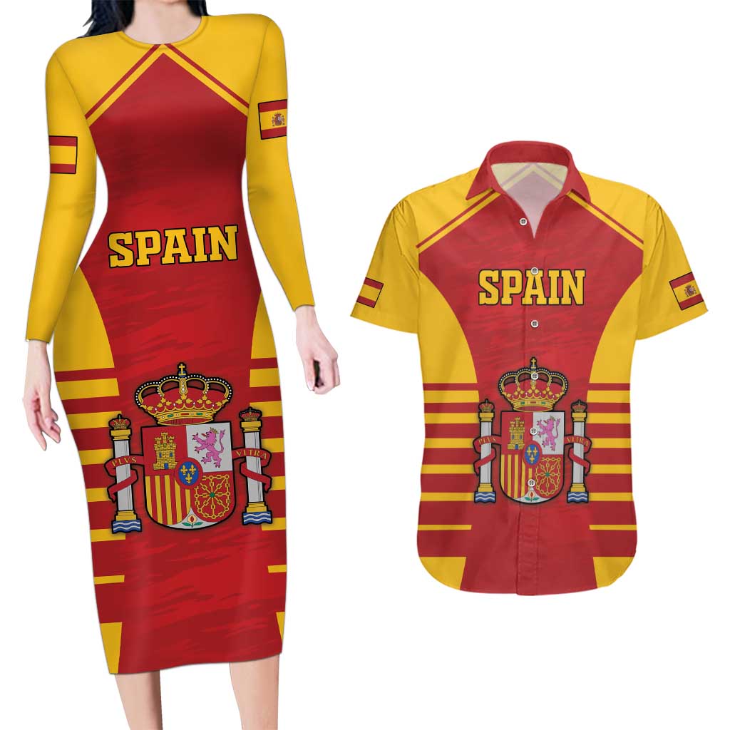 Custom Spain Coat Of Arms Couples Matching Long Sleeve Bodycon Dress and Hawaiian Shirt Sport Style - Wonder Print Shop