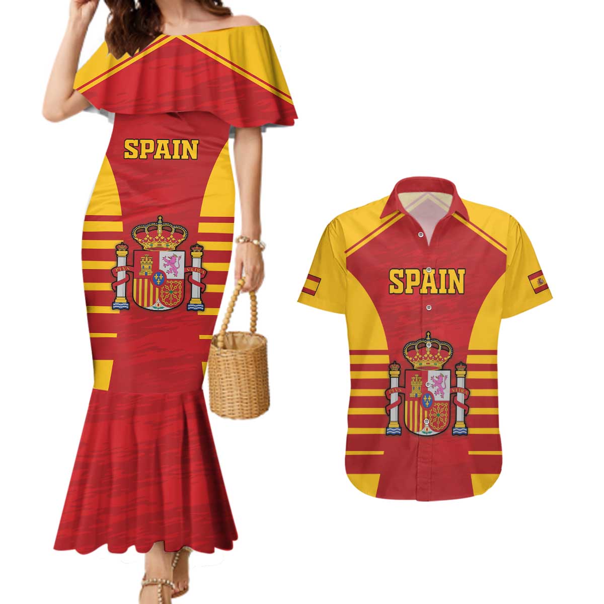 Custom Spain Coat Of Arms Couples Matching Mermaid Dress and Hawaiian Shirt Sport Style - Wonder Print Shop