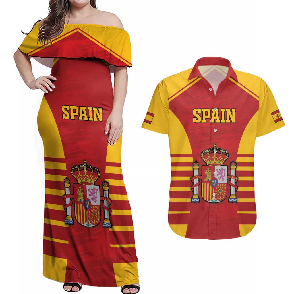 Custom Spain Coat Of Arms Couples Matching Off Shoulder Maxi Dress and Hawaiian Shirt Sport Style - Wonder Print Shop