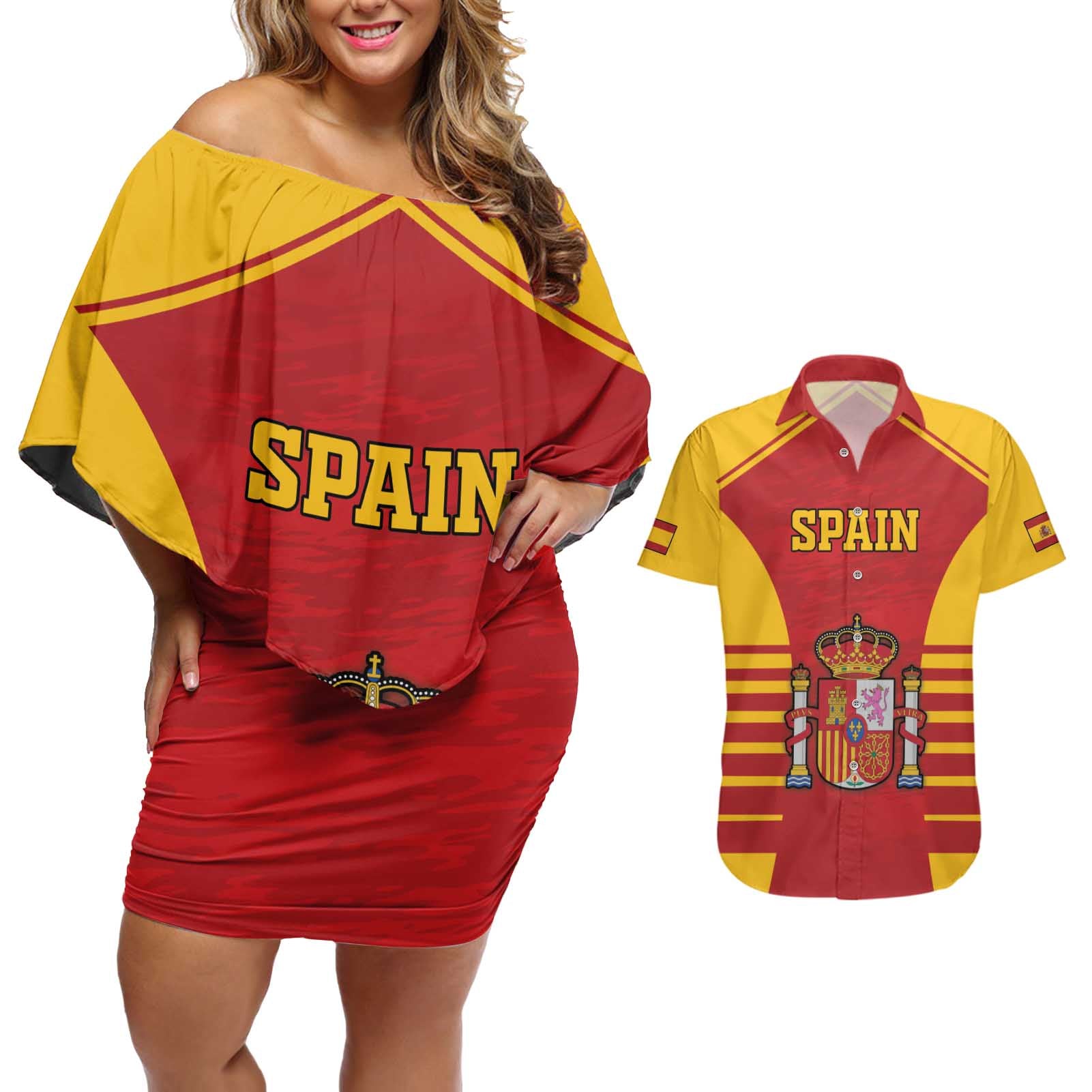 Custom Spain Coat Of Arms Couples Matching Off Shoulder Short Dress and Hawaiian Shirt Sport Style - Wonder Print Shop