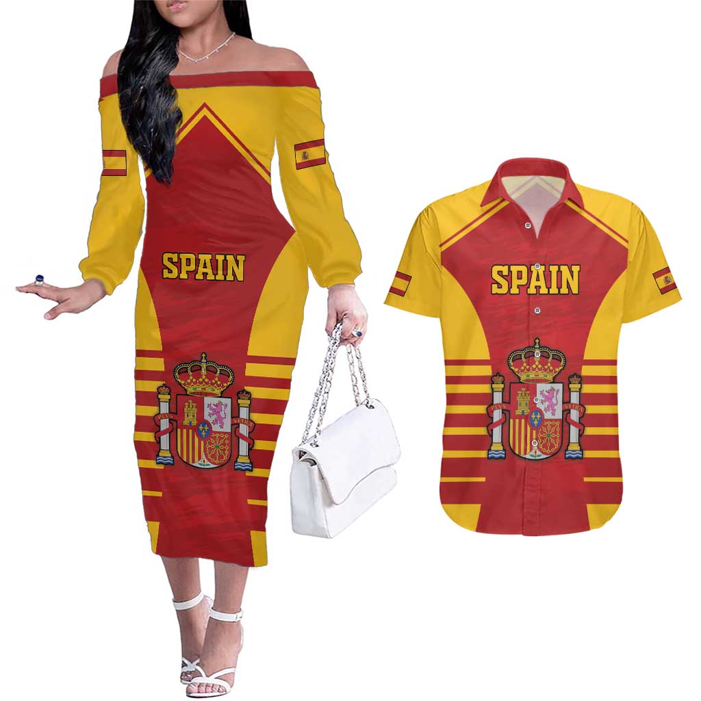 Custom Spain Coat Of Arms Couples Matching Off The Shoulder Long Sleeve Dress and Hawaiian Shirt Sport Style - Wonder Print Shop