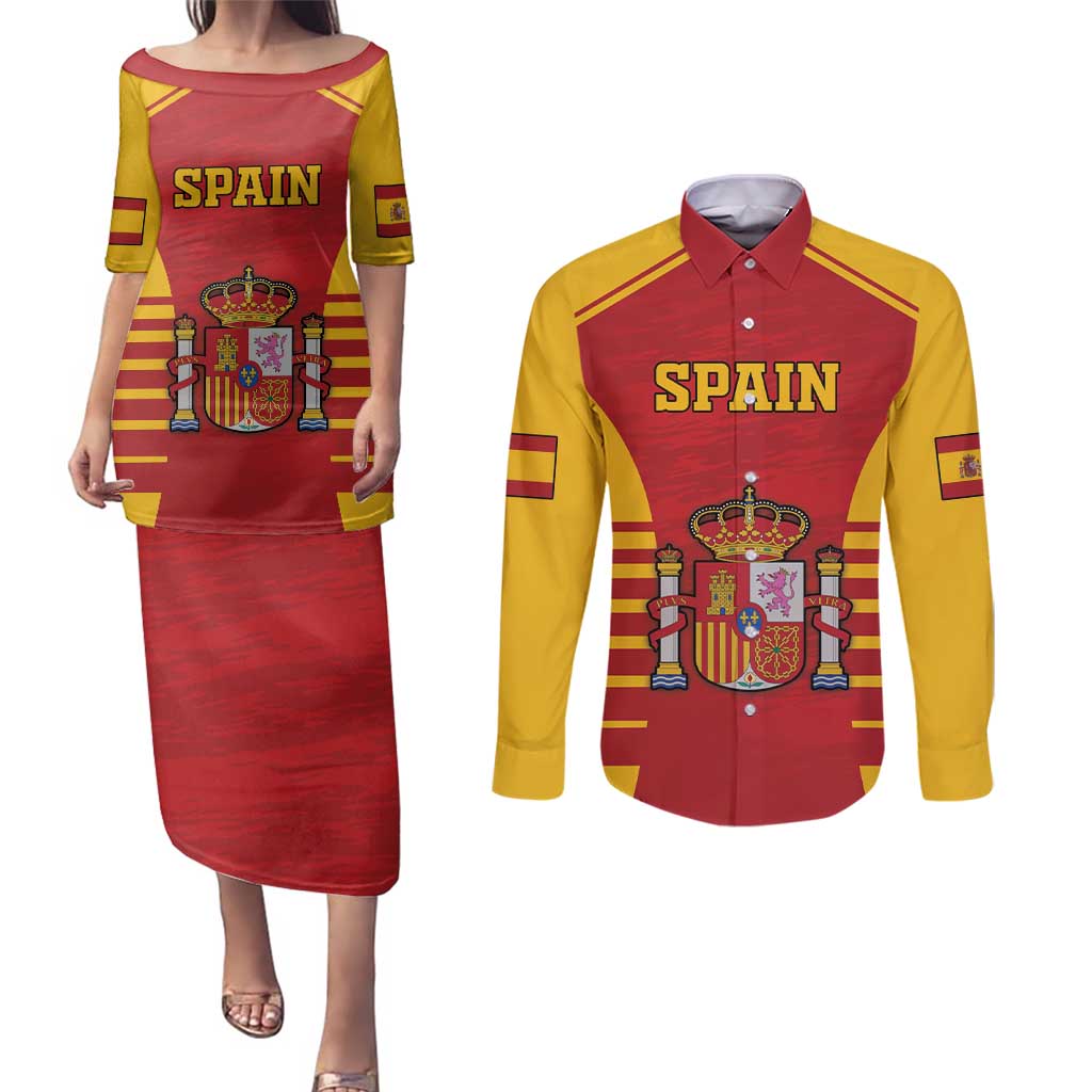 Custom Spain Coat Of Arms Couples Matching Puletasi and Long Sleeve Button Shirt Sport Style - Wonder Print Shop