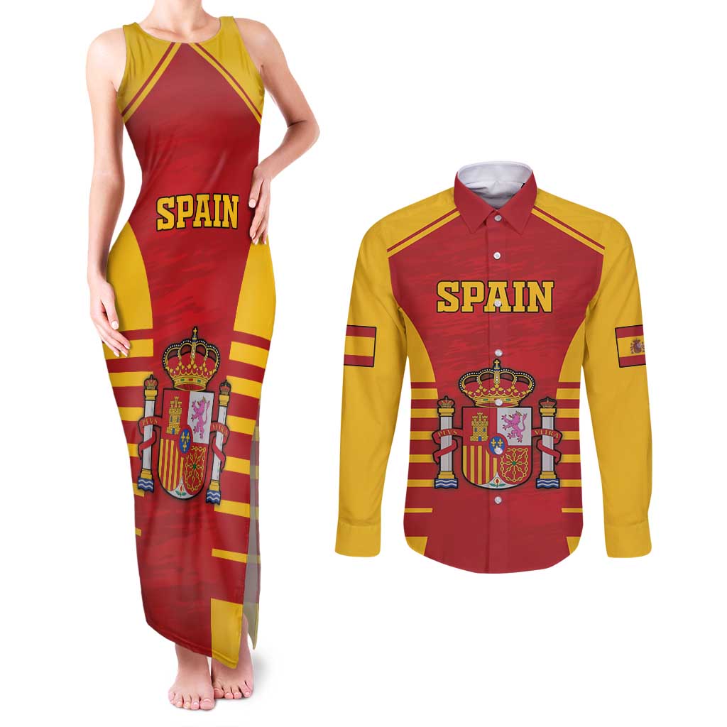 Custom Spain Coat Of Arms Couples Matching Tank Maxi Dress and Long Sleeve Button Shirt Sport Style - Wonder Print Shop