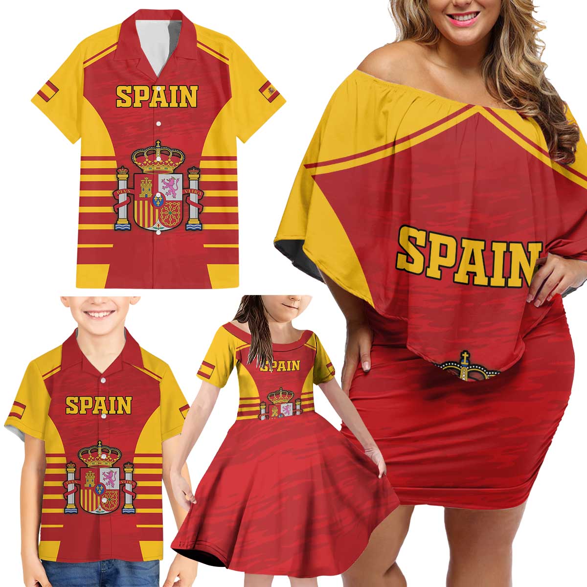 Custom Spain Coat Of Arms Family Matching Off Shoulder Short Dress and Hawaiian Shirt Sport Style - Wonder Print Shop