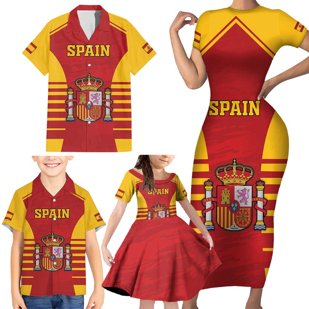 Custom Spain Coat Of Arms Family Matching Short Sleeve Bodycon Dress and Hawaiian Shirt Sport Style - Wonder Print Shop