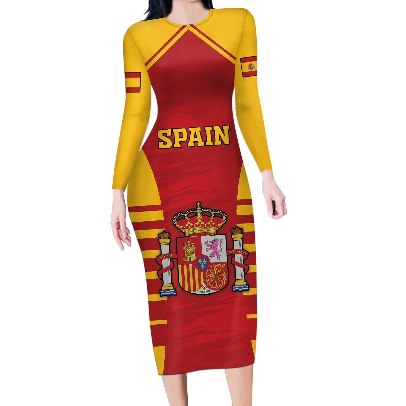 Custom Spain Coat Of Arms Long Sleeve Bodycon Dress Sport Style - Wonder Print Shop