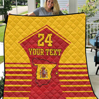 Spain-themed quilt sports blanket, yellow and red, showing crest, number 24, and custom text