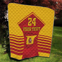 Spain-themed quilt sports blanket in yellow and red with crest, number 24, and custom text