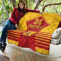 Spain-themed quilt sports blanket, yellow and red, with crest, number 24, and custom text printing