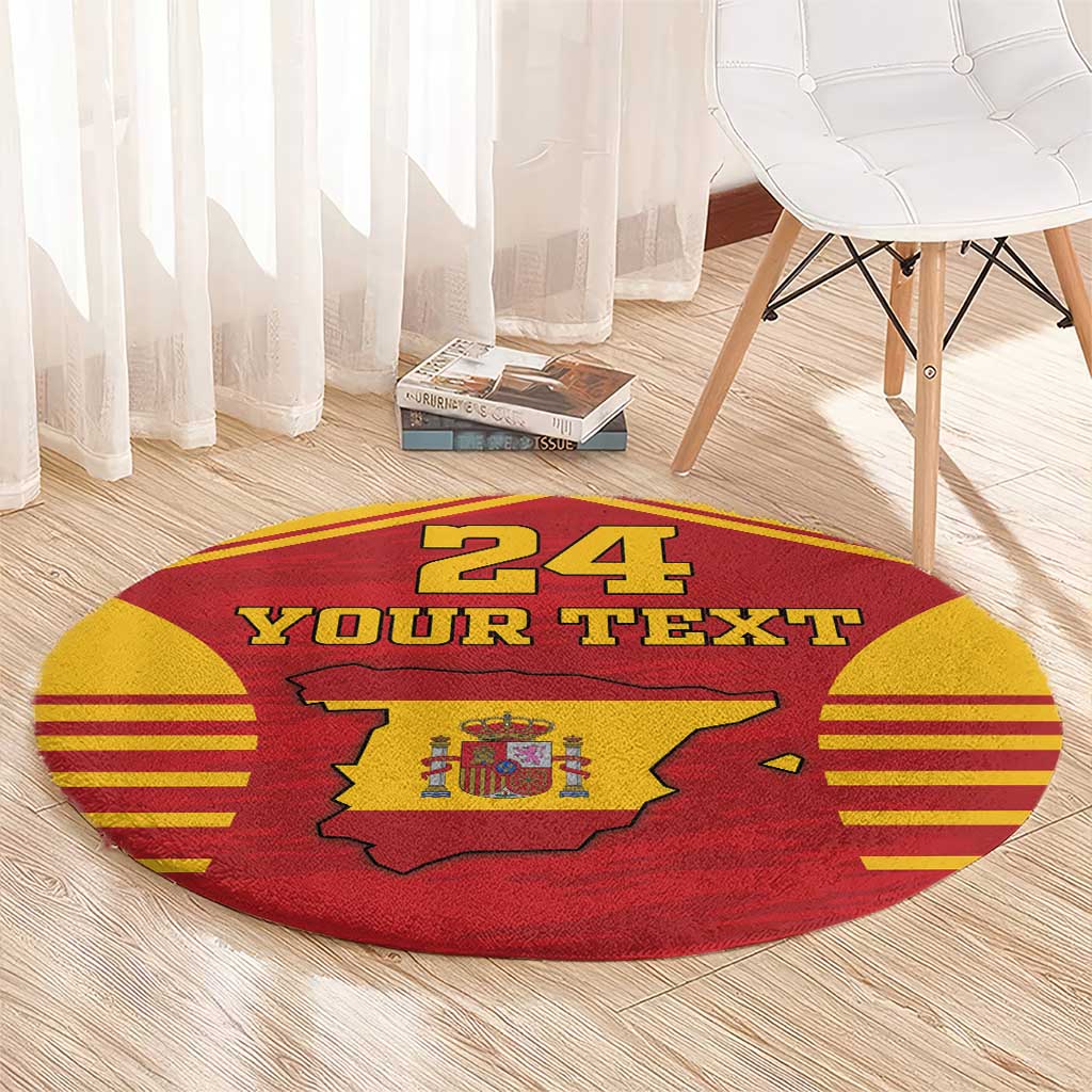 Round Spain flag rug with coat of arms, bold “24 YOUR TEXT” lettering and stripes