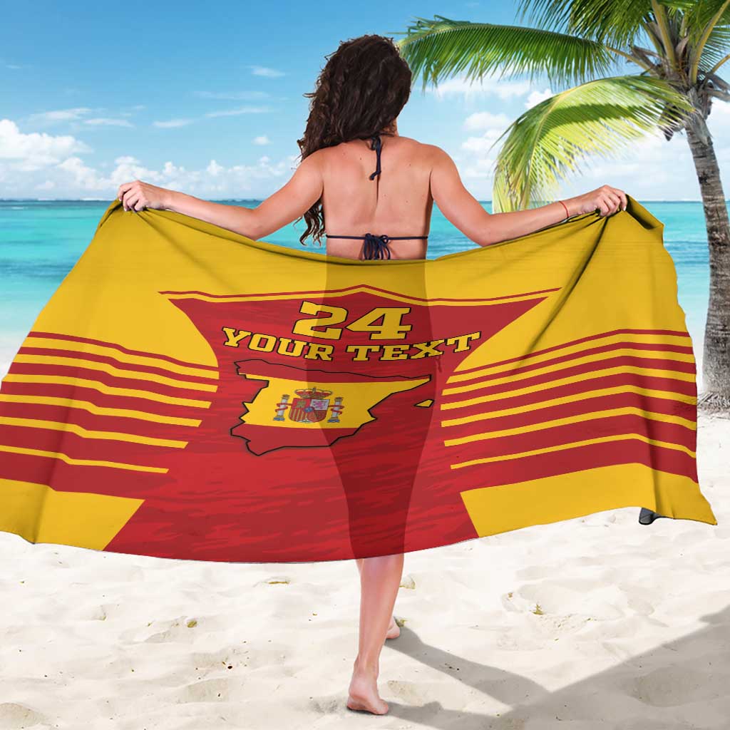 Yellow and red flag sarong with crest and 'YOUR TEXT' print, wide back drape