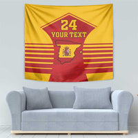 Hanging yellow-red Spain coat of arms tapestry with 24 and YOUR TEXT in the center.