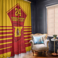 Sport-style Spain flag curtain: yellow sides, red map crest, “YOUR TEXT” and “24”