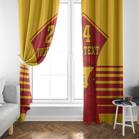 Window curtain with Spain flag design, red map and crest, “YOUR TEXT” over yellow