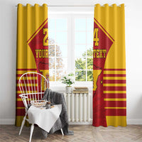 Spain flag curtains with red map crest, “YOUR TEXT” and “2”/“4” on yellow background