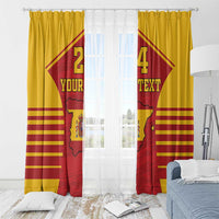 Spain flag curtain set on window: yellow and red fabric with map crest and “YOUR TEXT”