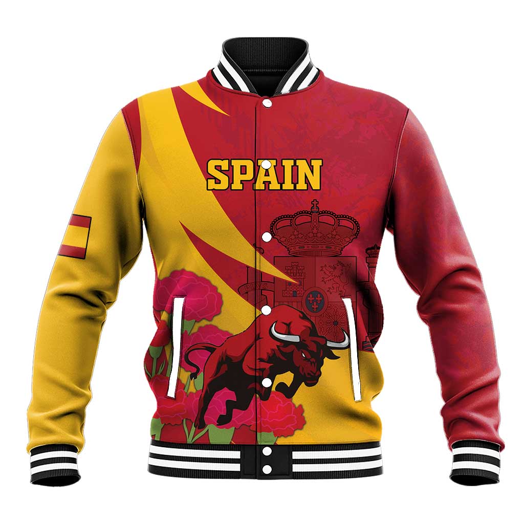 Custom Spain Aggressive Fighting Bull Baseball Jacket With Carnation Flowers - Wonder Print Shop