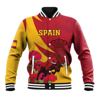 Red and yellow baseball jacket with Spain crest, bull graphic, snap buttons, ribbed collar