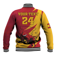 Red and yellow varsity baseball jacket, back print with bull and number 24, ribbed hem