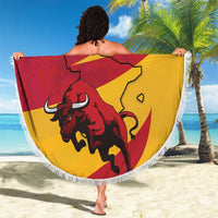 Round beach blanket with white fringe edge, red/yellow bull graphic, “YOUR TEXT”.