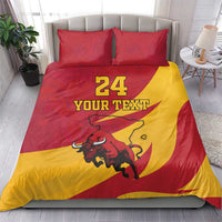 Red and yellow duvet cover set with bull graphic, “24” and “Your Text,” on two shams