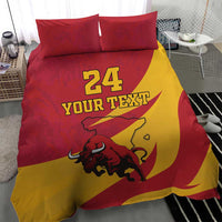 Red and yellow bedding set showing bull graphic with “24” and “Your Text” on duvet