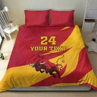 Red and yellow duvet cover with bull graphic, “24” and “Your Text,” plus two matching shams