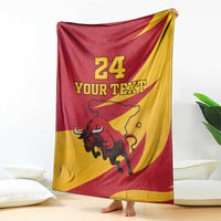 Spain flag-style bull blanket draped, red and yellow, "24 YOUR TEXT" print