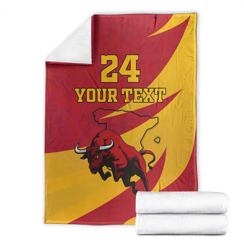 Spain flag-style bull blanket folded, red and yellow, "24 YOUR TEXT" print