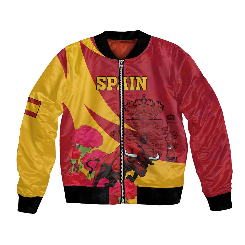 Red and yellow bomber jacket with front zipper, bull graphic and carnation flowers