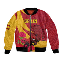 Red and yellow bomber jacket with front zipper, bull graphic and carnation flowers