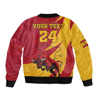 Red and yellow bomber jacket back with 'YOUR TEXT 24' and charging bull emblem