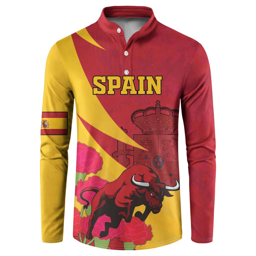 Red and yellow Spain-themed button sweatshirt with bull, crown emblem, and carnation flowers