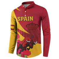 Red and yellow Spain-themed button sweatshirt with SPAIN text, bull, and crown emblem