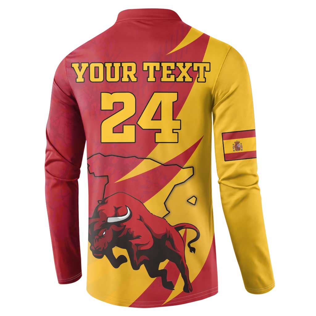 Red and yellow Spain-themed button sweatshirt back with YOUR TEXT and 24 number