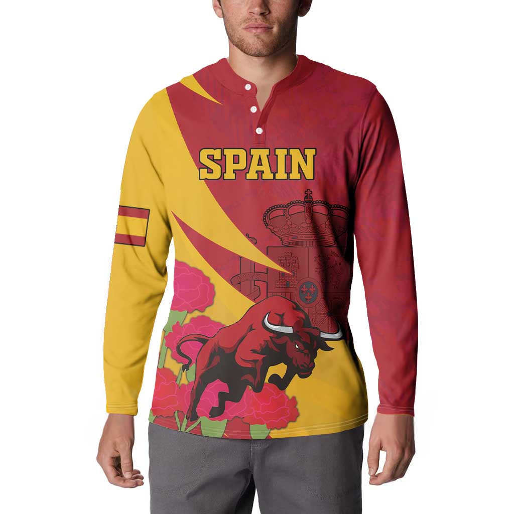 Red and yellow Spain-themed button sweatshirt with SPAIN text, bull, crown, and flowers