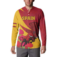 Red and yellow Spain-themed button sweatshirt with SPAIN text, bull, crown, and flowers