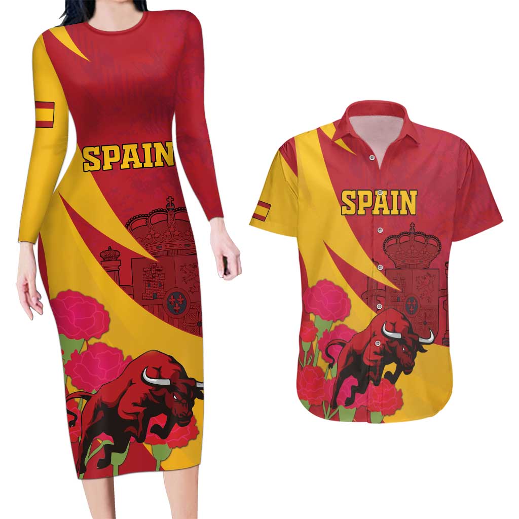 Custom Spain Aggressive Fighting Bull Couples Matching Long Sleeve Bodycon Dress and Hawaiian Shirt With Carnation Flowers - Wonder Print Shop