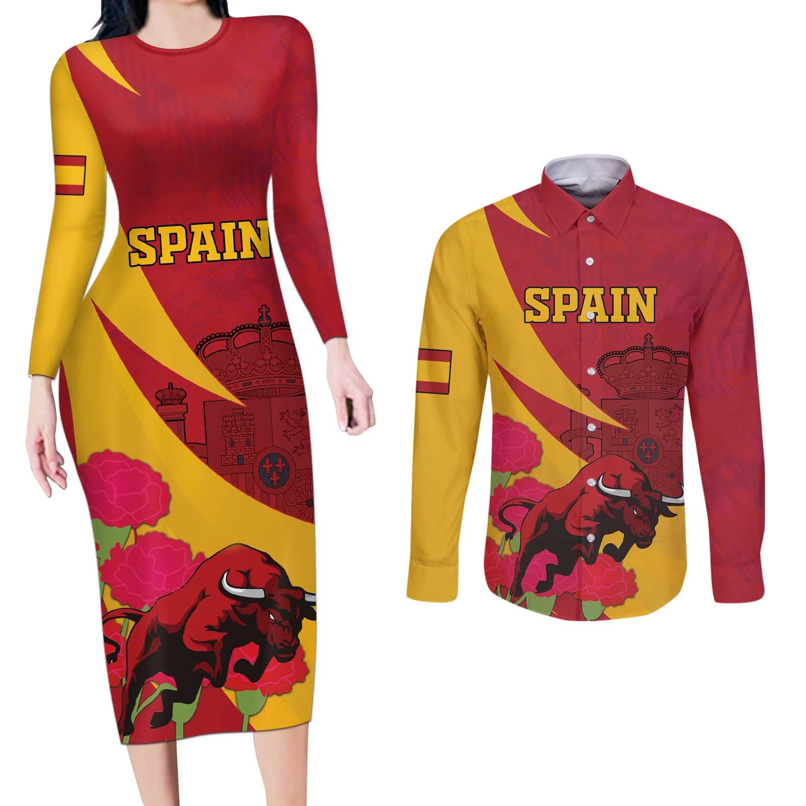 Custom Spain Aggressive Fighting Bull Couples Matching Long Sleeve Bodycon Dress and Long Sleeve Button Shirt With Carnation Flowers - Wonder Print Shop