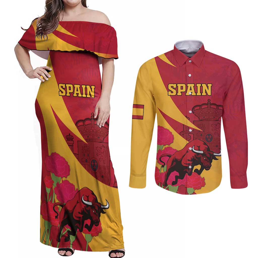 Custom Spain Aggressive Fighting Bull Couples Matching Off Shoulder Maxi Dress and Long Sleeve Button Shirt With Carnation Flowers - Wonder Print Shop