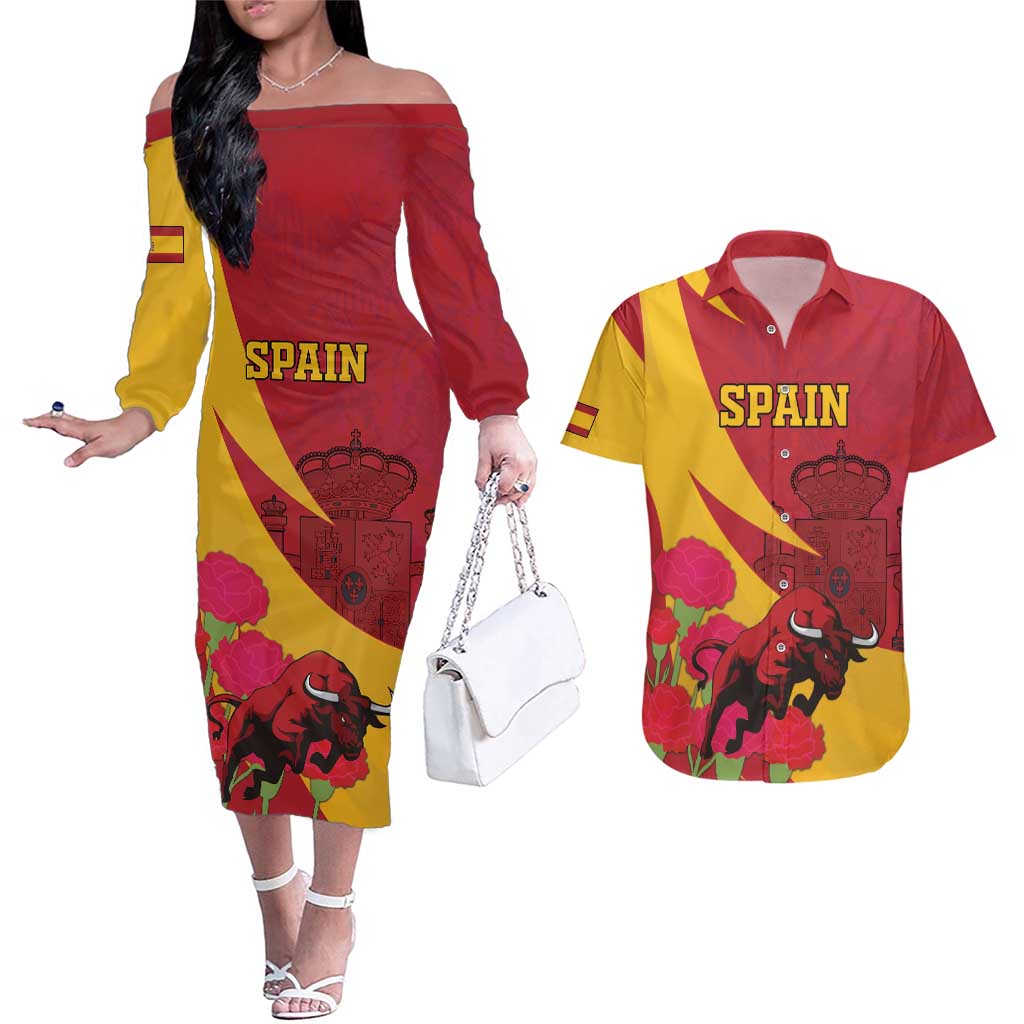 Custom Spain Aggressive Fighting Bull Couples Matching Off The Shoulder Long Sleeve Dress and Hawaiian Shirt With Carnation Flowers - Wonder Print Shop