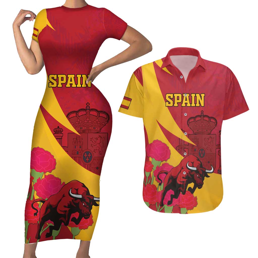 Custom Spain Aggressive Fighting Bull Couples Matching Short Sleeve Bodycon Dress and Hawaiian Shirt With Carnation Flowers - Wonder Print Shop