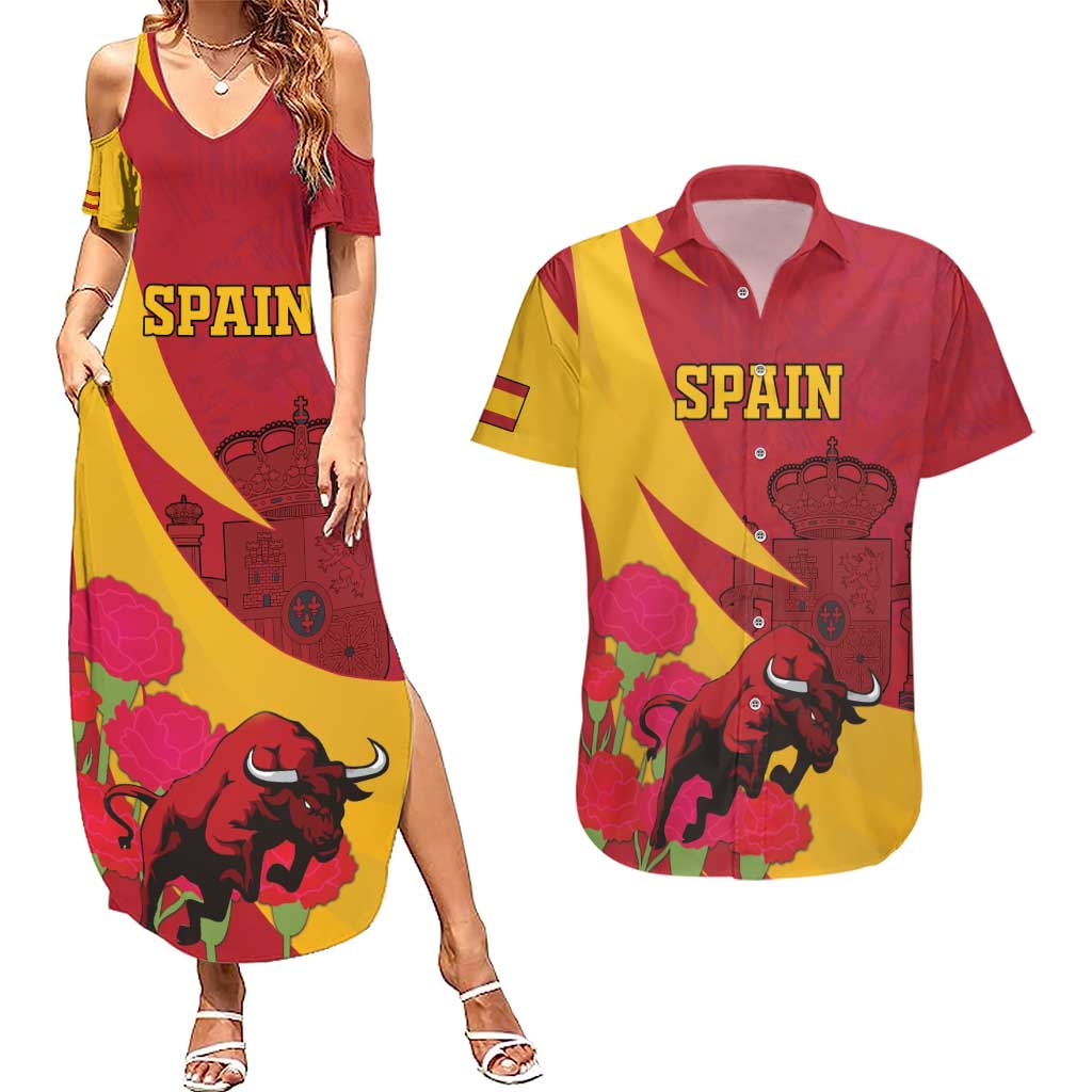 Custom Spain Aggressive Fighting Bull Couples Matching Summer Maxi Dress and Hawaiian Shirt With Carnation Flowers - Wonder Print Shop