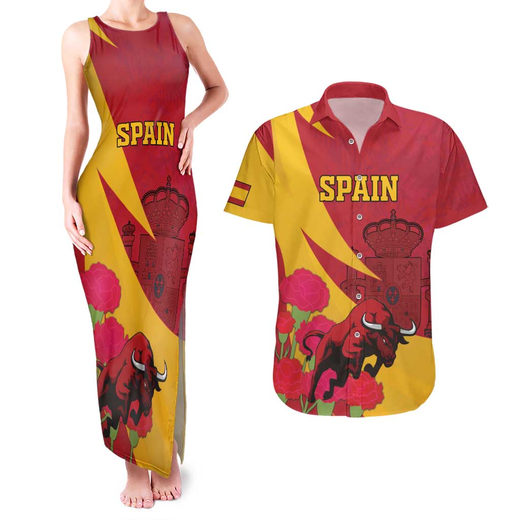 Custom Spain Aggressive Fighting Bull Couples Matching Tank Maxi Dress and Hawaiian Shirt With Carnation Flowers - Wonder Print Shop