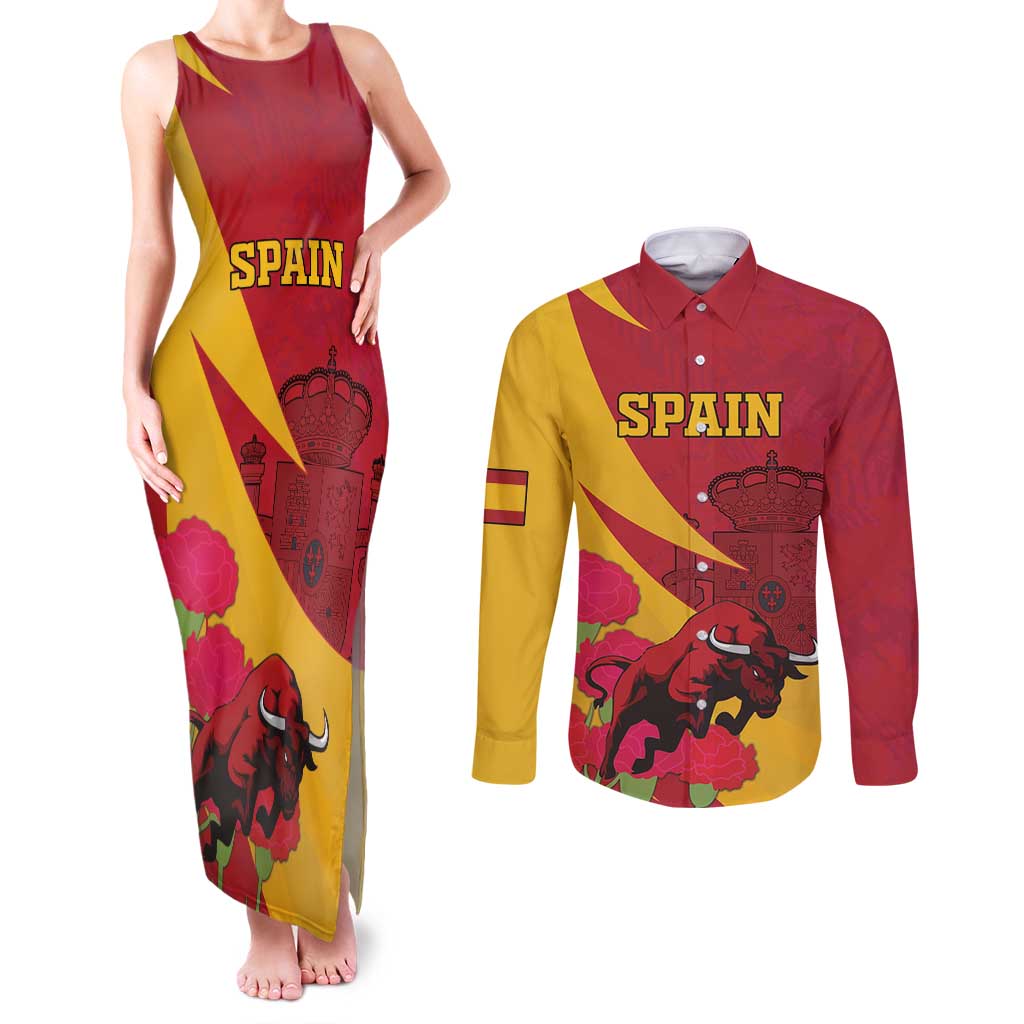 Custom Spain Aggressive Fighting Bull Couples Matching Tank Maxi Dress and Long Sleeve Button Shirt With Carnation Flowers - Wonder Print Shop